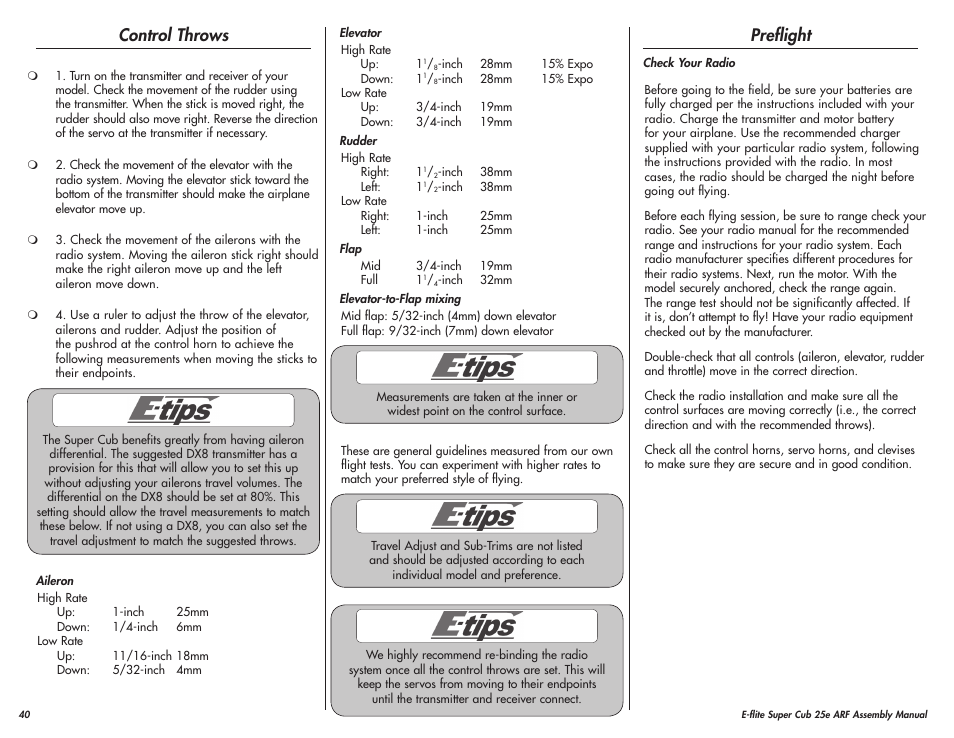 Control throws, Preflight | E-flite Super Cub 25e ARF User Manual | Page 40 / 48