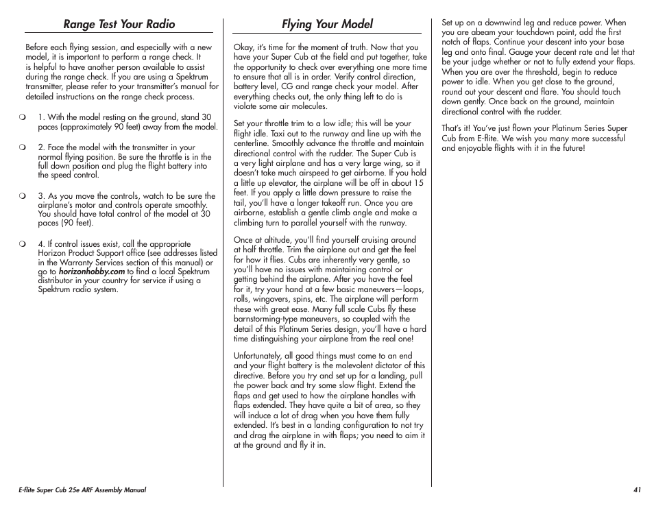 Range test your radio, Flying your model | E-flite Super Cub 25e ARF User Manual | Page 41 / 48