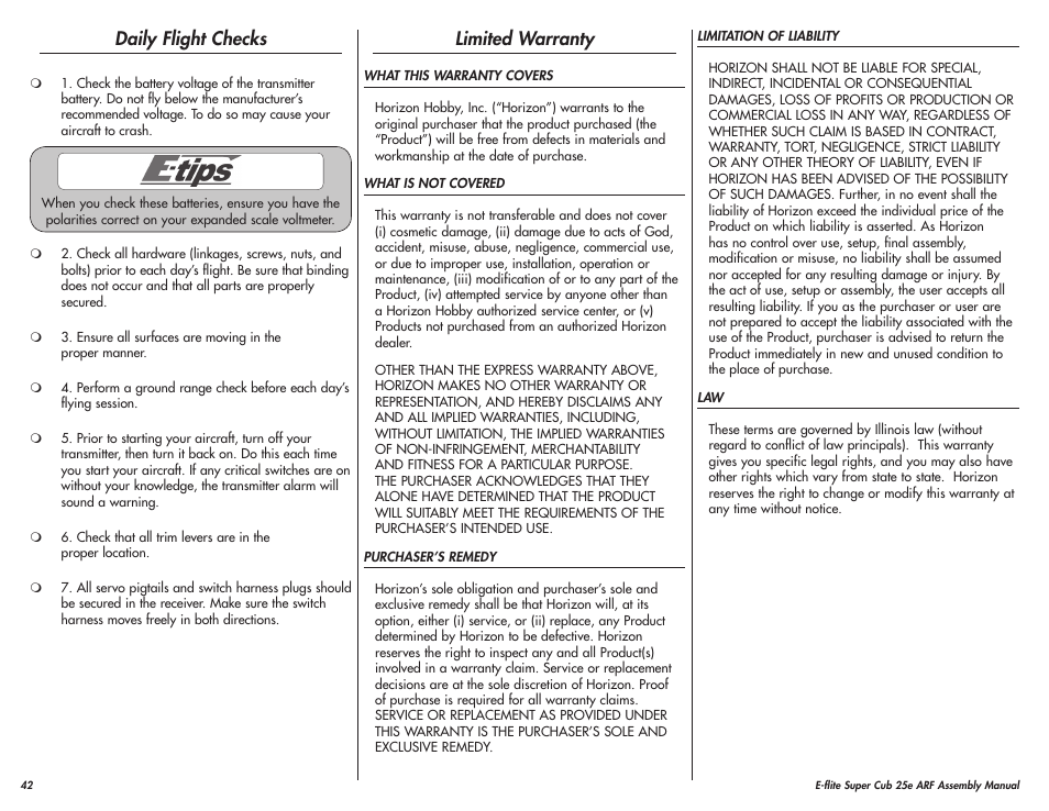 Daily flight checks, Limited warranty | E-flite Super Cub 25e ARF User Manual | Page 42 / 48