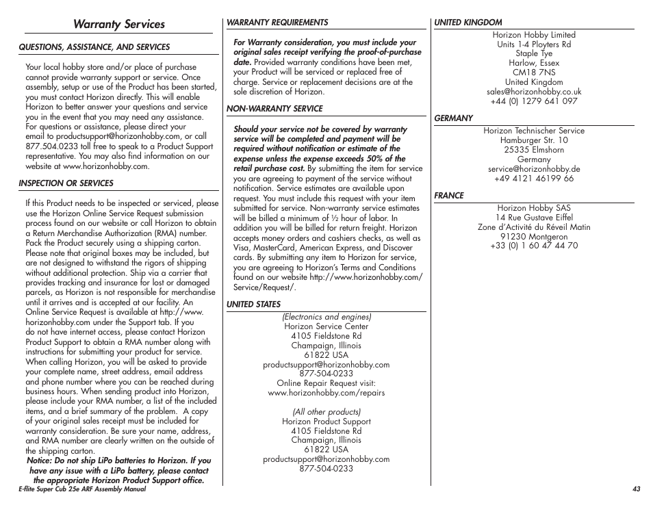 Warranty services | E-flite Super Cub 25e ARF User Manual | Page 43 / 48