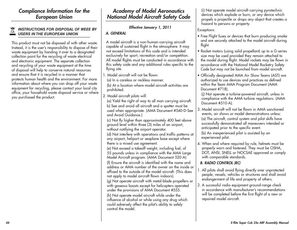Compliance information for the european union | E-flite Super Cub 25e ARF User Manual | Page 44 / 48