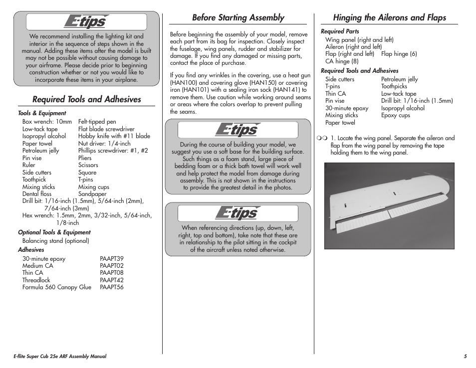Required tools and adhesives, Before starting assembly, Hinging the ailerons and flaps | E-flite Super Cub 25e ARF User Manual | Page 5 / 48