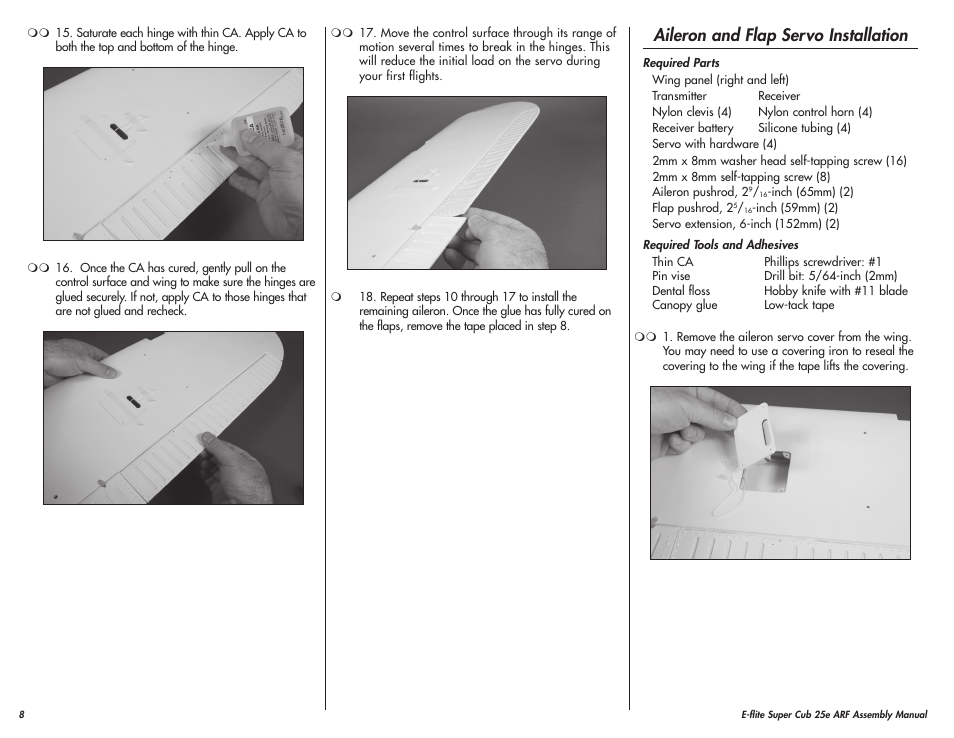 Aileron and flap servo installation | E-flite Super Cub 25e ARF User Manual | Page 8 / 48