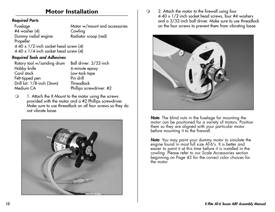 Motor installation | E-flite AT-6 Texan 25 ARF User Manual | Page 12 / 52