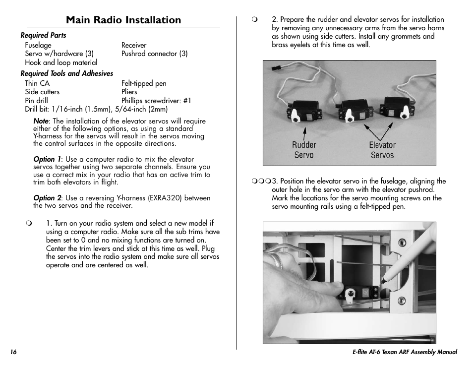 Main radio installation | E-flite AT-6 Texan 25 ARF User Manual | Page 16 / 52