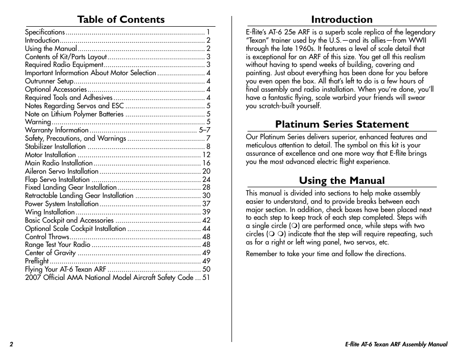E-flite AT-6 Texan 25 ARF User Manual | Page 2 / 52