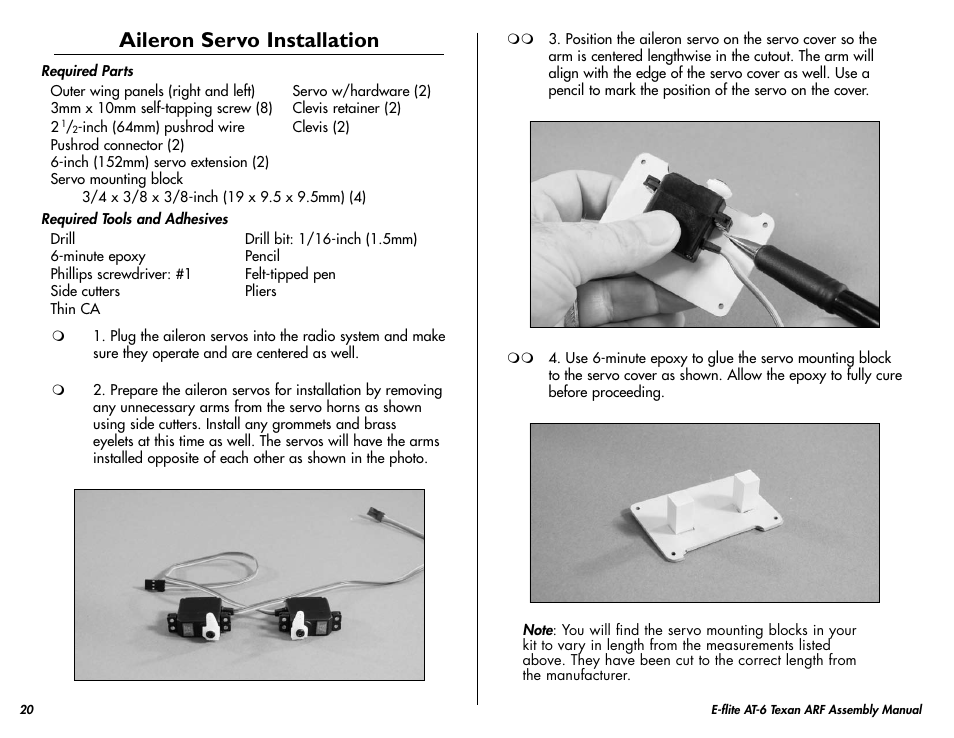 Aileron servo installation | E-flite AT-6 Texan 25 ARF User Manual | Page 20 / 52