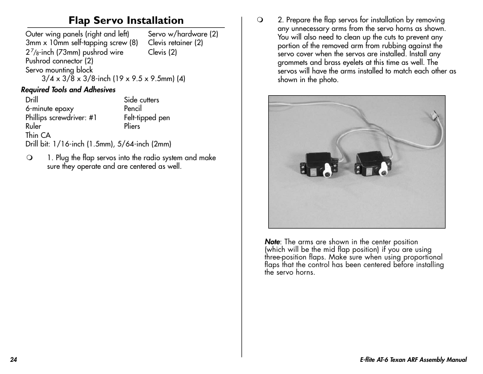 Flap servo installation | E-flite AT-6 Texan 25 ARF User Manual | Page 24 / 52