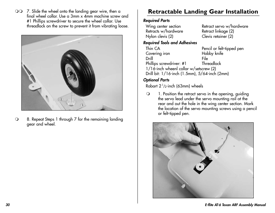 Retractable landing gear installation | E-flite AT-6 Texan 25 ARF User Manual | Page 30 / 52