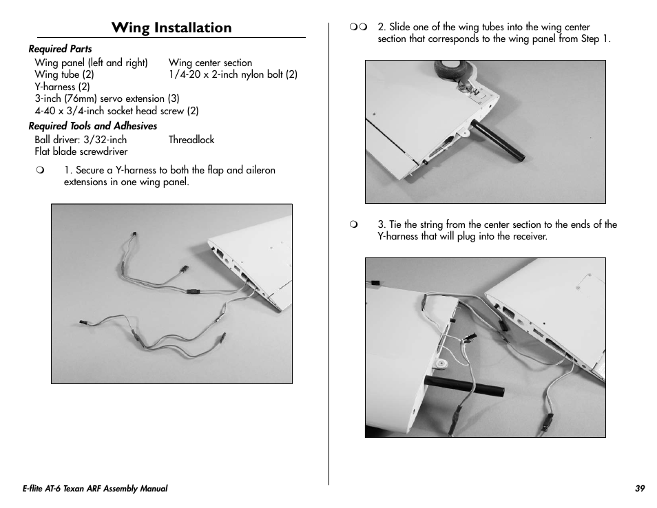 Wing installation | E-flite AT-6 Texan 25 ARF User Manual | Page 39 / 52