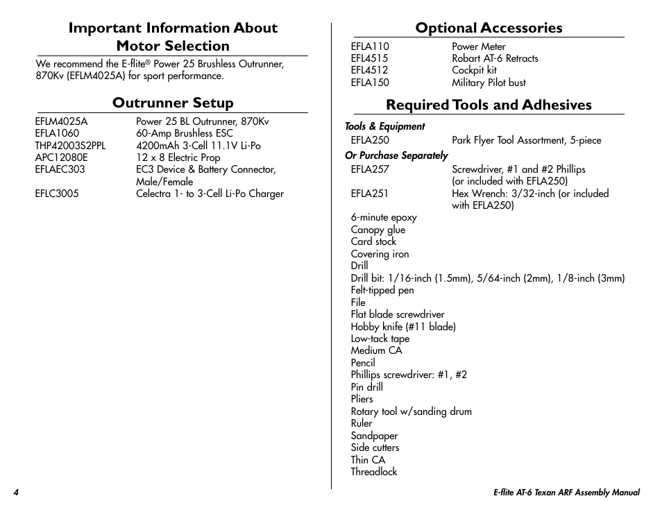 Important information about motor selection, Outrunner setup, Optional accessories | Required tools and adhesives | E-flite AT-6 Texan 25 ARF User Manual | Page 4 / 52