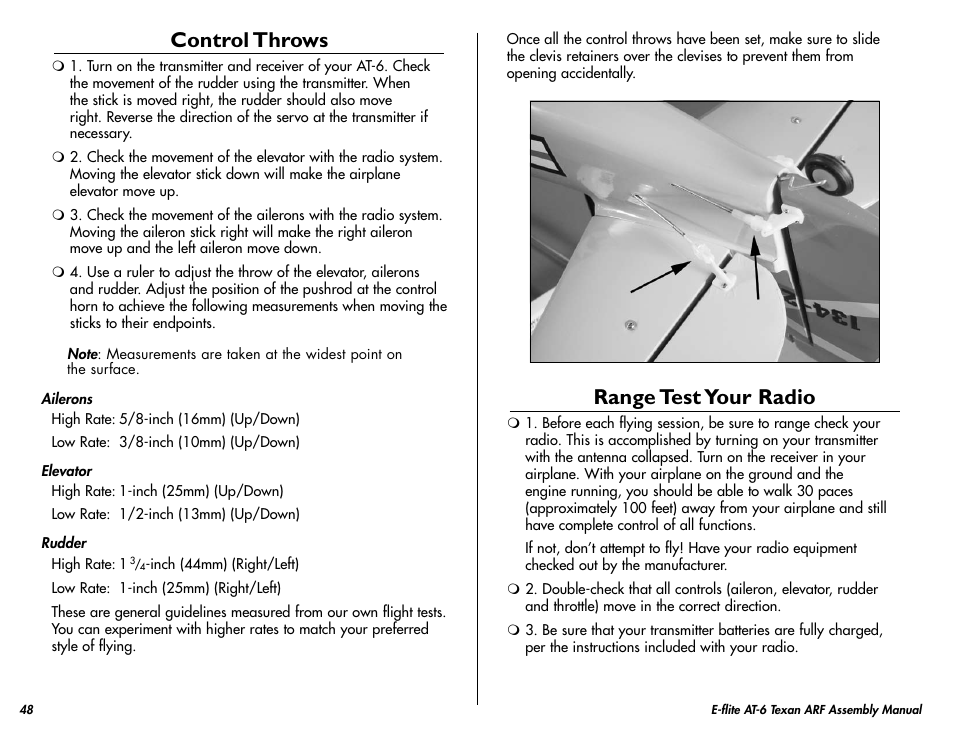 Control throws, Range test your radio | E-flite AT-6 Texan 25 ARF User Manual | Page 48 / 52