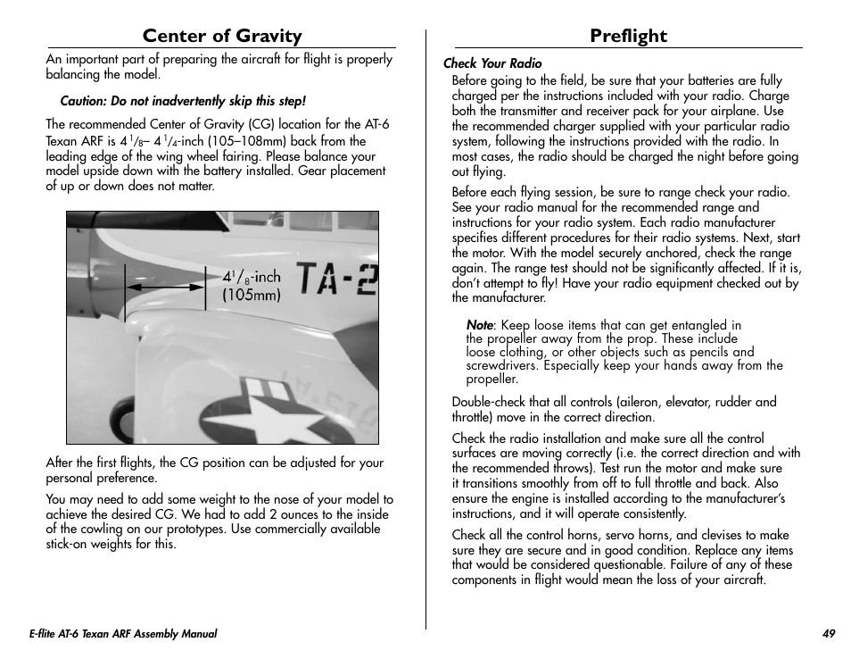Center of gravity, Preflight | E-flite AT-6 Texan 25 ARF User Manual | Page 49 / 52