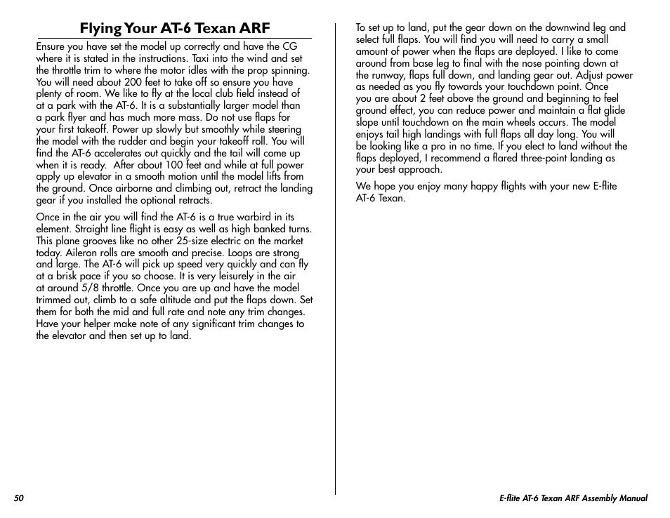 Flying your at-6 texan arf | E-flite AT-6 Texan 25 ARF User Manual | Page 50 / 52