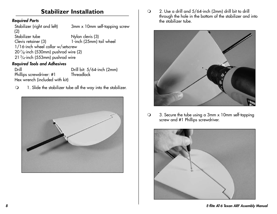 Stabilizer installation | E-flite AT-6 Texan 25 ARF User Manual | Page 8 / 52