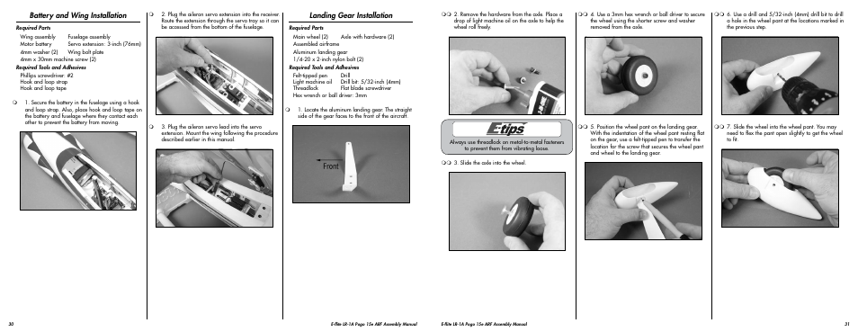 Battery and wing installation, Landing gear installation | E-flite LR-1A Pogo ARF 15e User Manual | Page 16 / 21