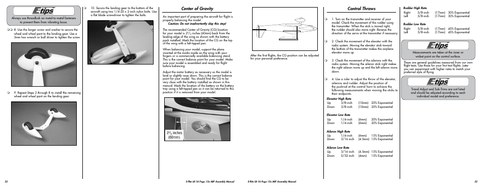 Control throws, Center of gravity | E-flite LR-1A Pogo ARF 15e User Manual | Page 17 / 21