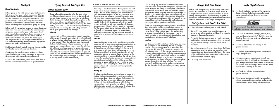 Range test your radio, Safety do’s and don’ts for pilots, Daily flight checks | Preflight, Flying your lr-1a pogo 15e | E-flite LR-1A Pogo ARF 15e User Manual | Page 18 / 21