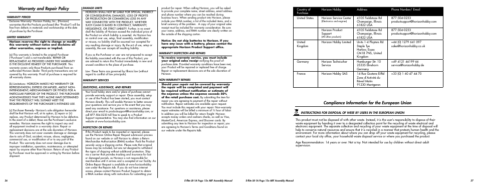 Warranty and repair policy, Compliance information for the european union | E-flite LR-1A Pogo ARF 15e User Manual | Page 19 / 21