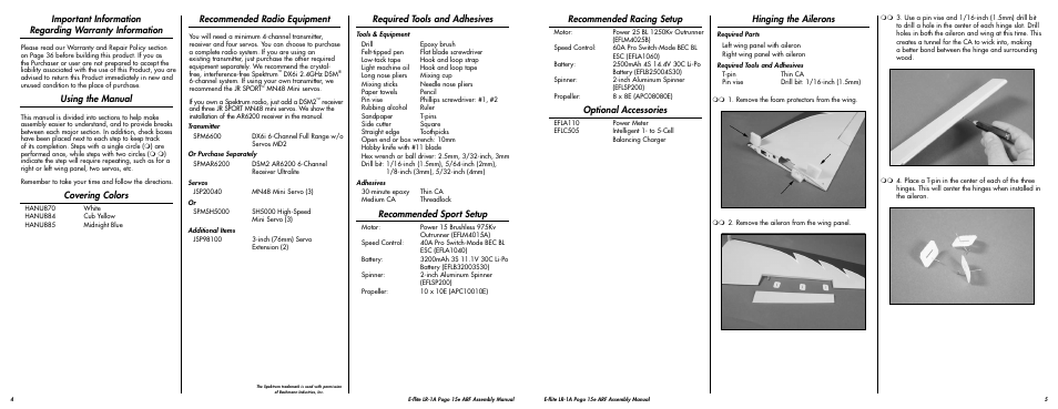 Recommended racing setup, Optional accessories, Hinging the ailerons | Using the manual, Covering colors, Recommended radio equipment, Required tools and adhesives, Recommended sport setup | E-flite LR-1A Pogo ARF 15e User Manual | Page 3 / 21