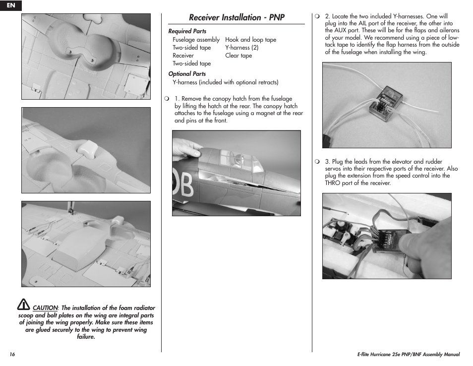 Receiver installation - pnp | E-flite Hawker Hurricane 25e PNP User Manual | Page 16 / 26