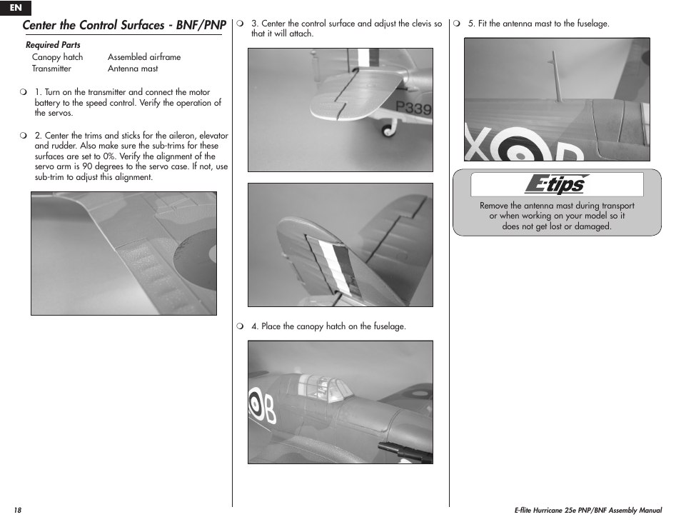 Center the control surfaces - bnf/pnp | E-flite Hawker Hurricane 25e PNP User Manual | Page 18 / 26