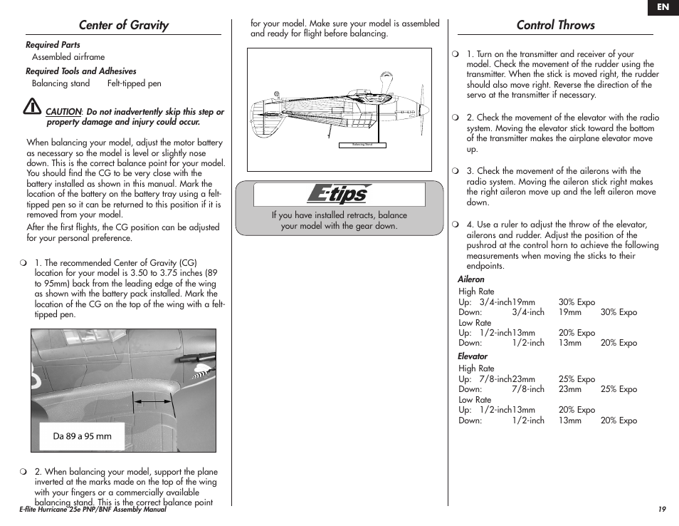 Center of gravity, Control throws | E-flite Hawker Hurricane 25e PNP User Manual | Page 19 / 26