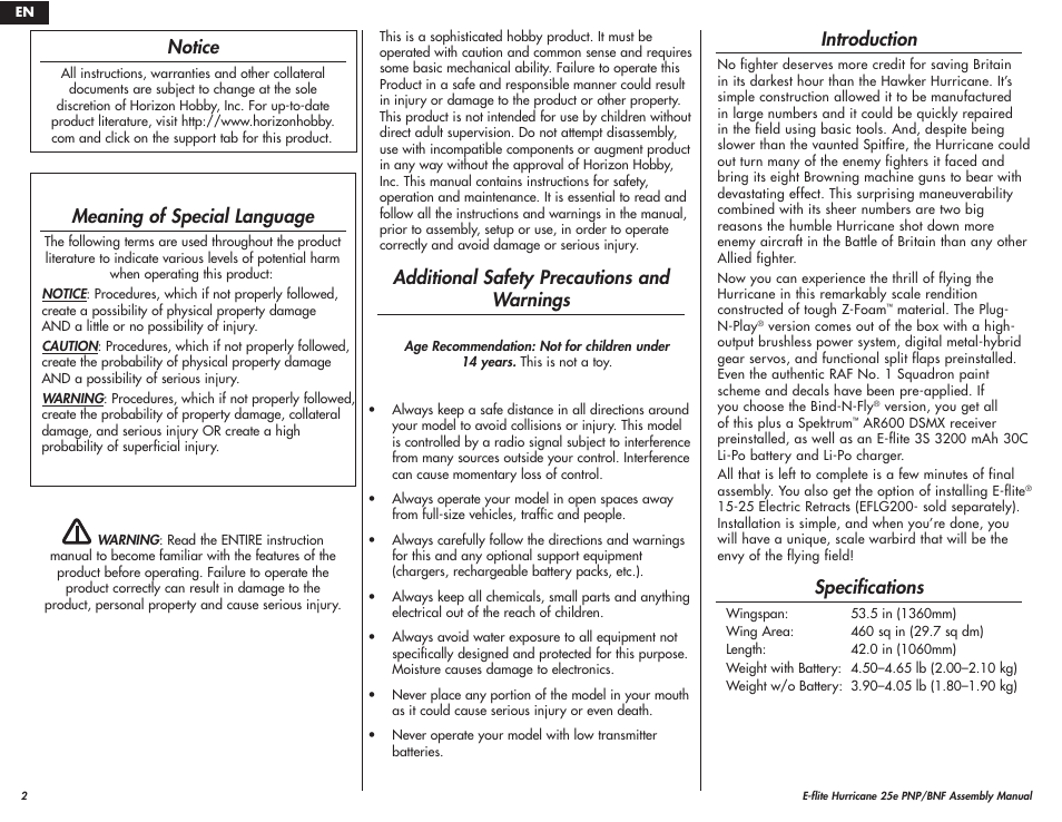 Notice, Meaning of special language, Additional safety precautions and warnings | Introduction, Specifications | E-flite Hawker Hurricane 25e PNP User Manual | Page 2 / 26