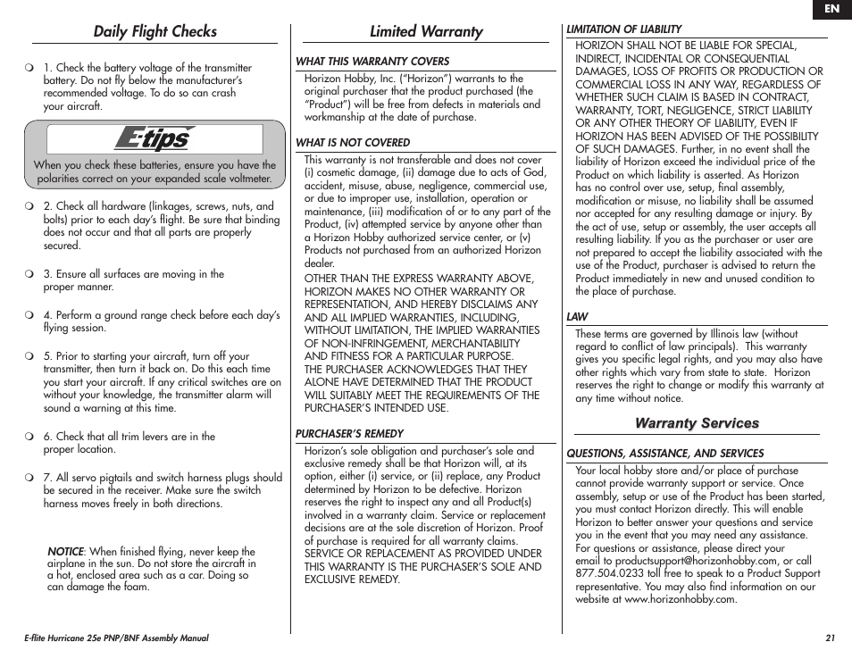 Daily flight checks, Limited warranty | E-flite Hawker Hurricane 25e PNP User Manual | Page 21 / 26