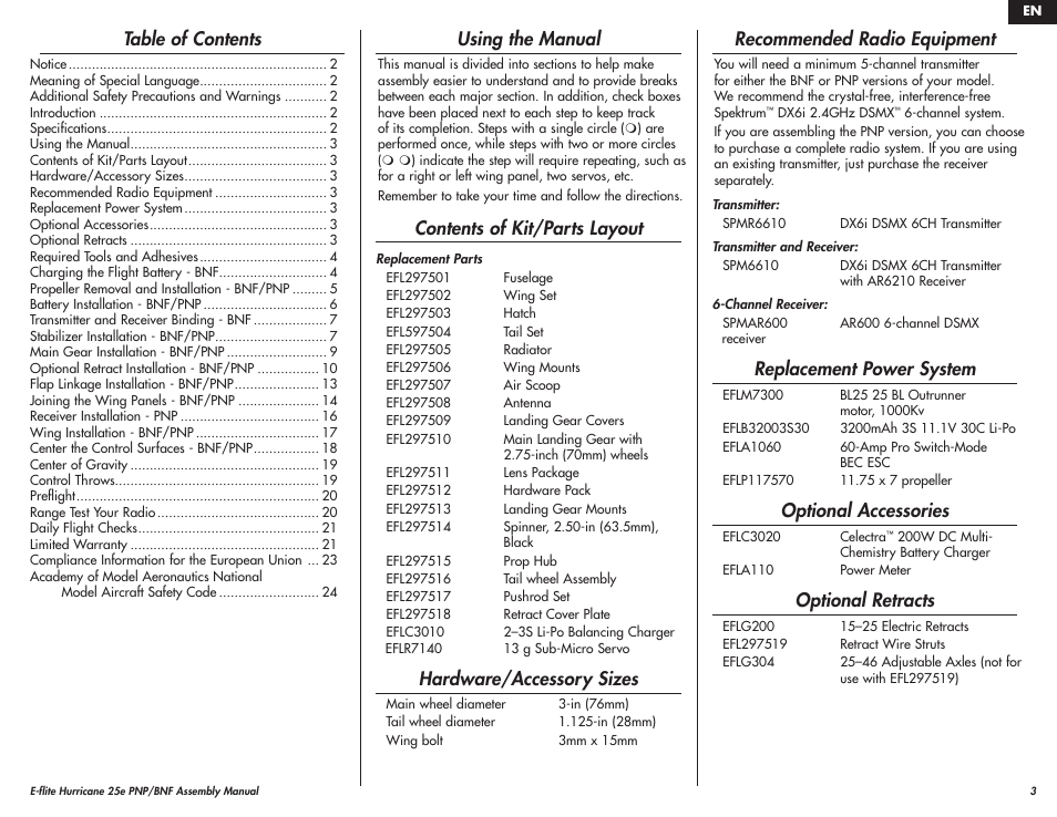 E-flite Hawker Hurricane 25e PNP User Manual | Page 3 / 26
