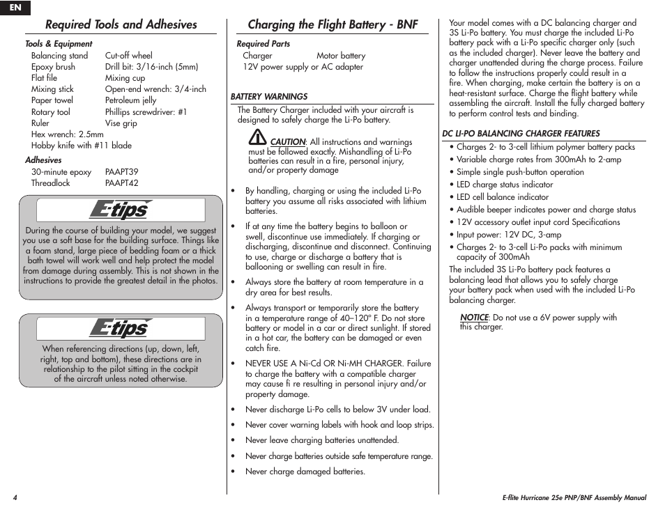 Required tools and adhesives, Charging the flight battery - bnf | E-flite Hawker Hurricane 25e PNP User Manual | Page 4 / 26