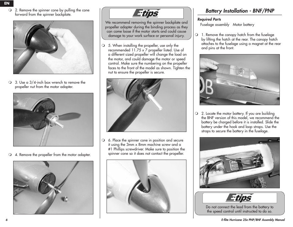 Battery installation - bnf/pnp | E-flite Hawker Hurricane 25e PNP User Manual | Page 6 / 26