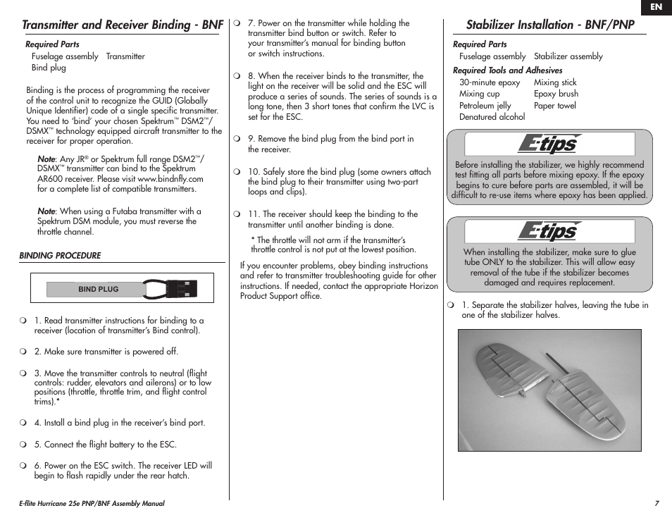 Transmitter and receiver binding - bnf, Stabilizer installation - bnf/pnp | E-flite Hawker Hurricane 25e PNP User Manual | Page 7 / 26
