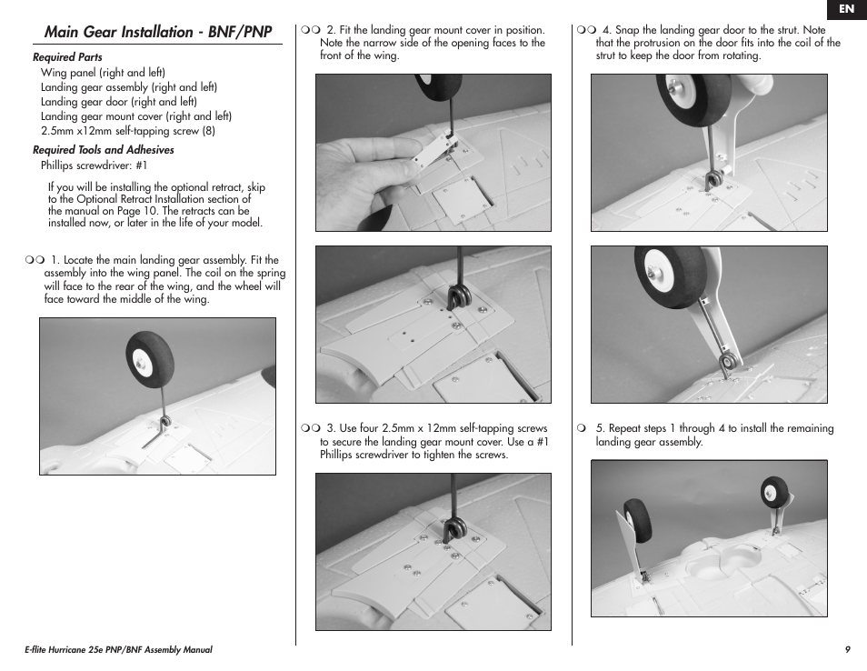 Main gear installation - bnf/pnp | E-flite Hawker Hurricane 25e PNP User Manual | Page 9 / 26