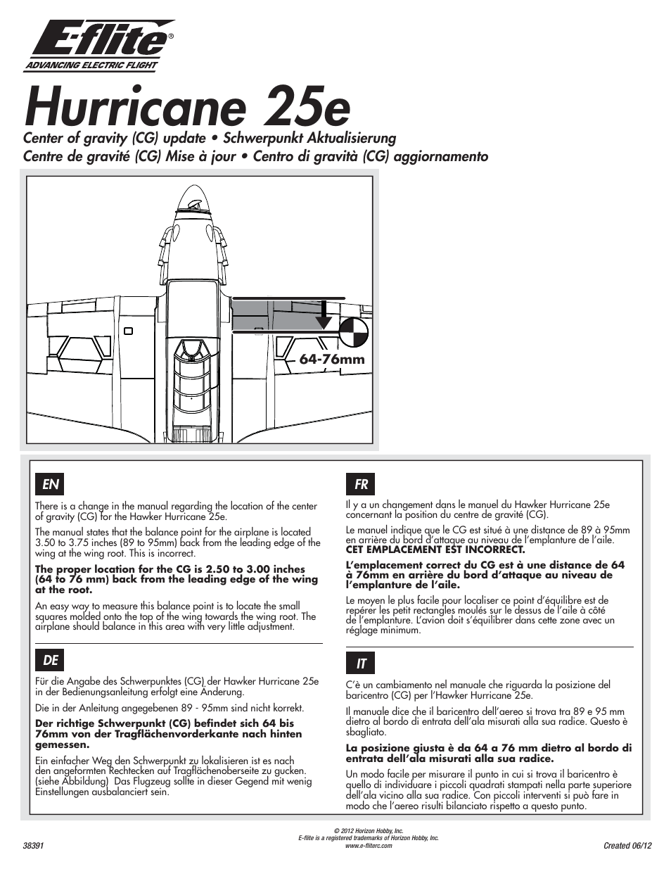E-flite Hawker Hurricane 25e PNP addendum User Manual | 1 page