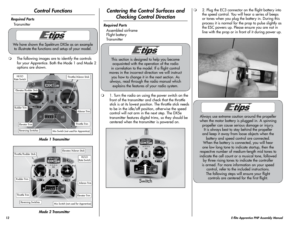 Control functions, Switch | E-flite Apprentice 15e PNP User Manual | Page 12 / 28