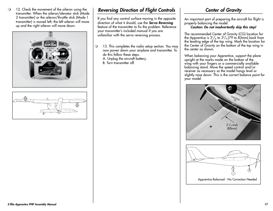 Reversing direction of flight controls, Center of gravity | E-flite Apprentice 15e PNP User Manual | Page 17 / 28