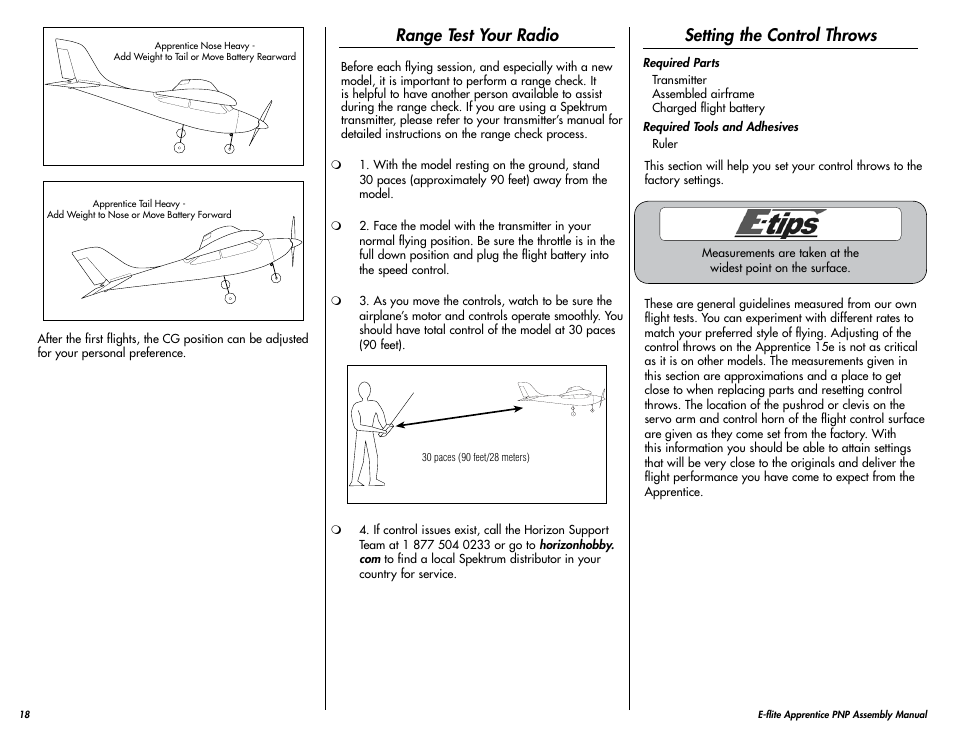 Range test your radio, Setting the control throws | E-flite Apprentice 15e PNP User Manual | Page 18 / 28
