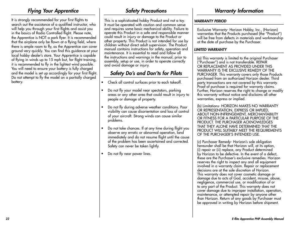 Flying your apprentice, Safety precautions, Safety do’s and don’ts for pilots | Warranty information | E-flite Apprentice 15e PNP User Manual | Page 22 / 28
