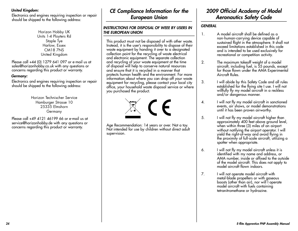 Ce compliance information for the european union | E-flite Apprentice 15e PNP User Manual | Page 24 / 28