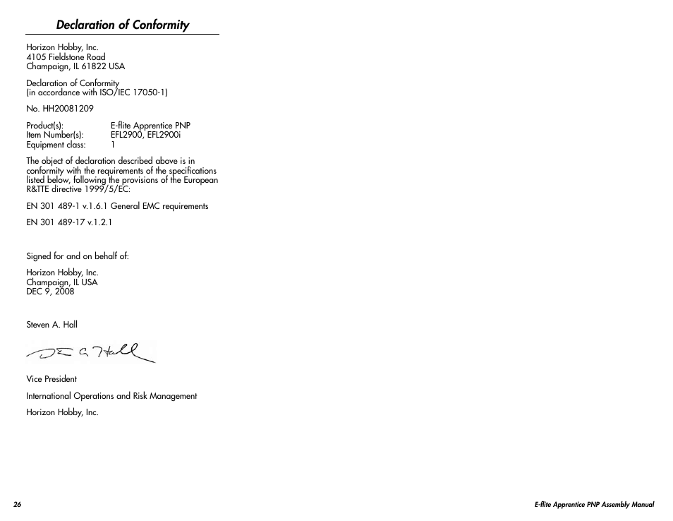 Declaration of conformity | E-flite Apprentice 15e PNP User Manual | Page 26 / 28