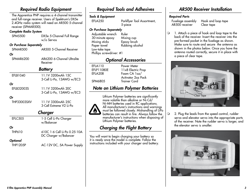 Required radio equipment, Battery, Charger | Required tools and adhesives, Optional accessories, Note on lithium polymer batteries, Charging the flight battery, Ar500 receiver installation | E-flite Apprentice 15e PNP User Manual | Page 3 / 28