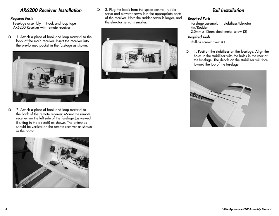 Ar6200 receiver installation, Tail installation | E-flite Apprentice 15e PNP User Manual | Page 4 / 28