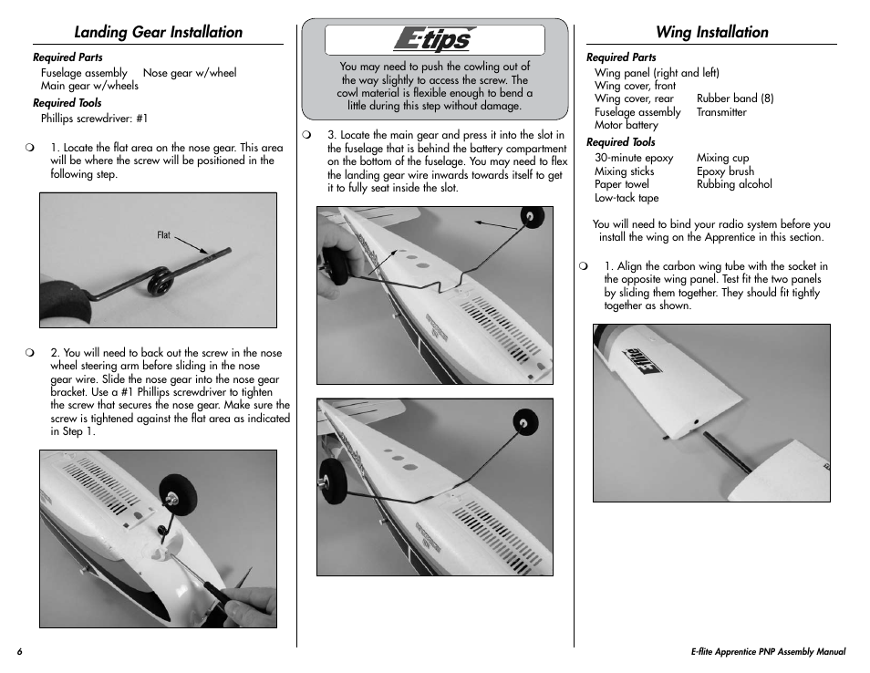 Landing gear installation, Wing installation | E-flite Apprentice 15e PNP User Manual | Page 6 / 28