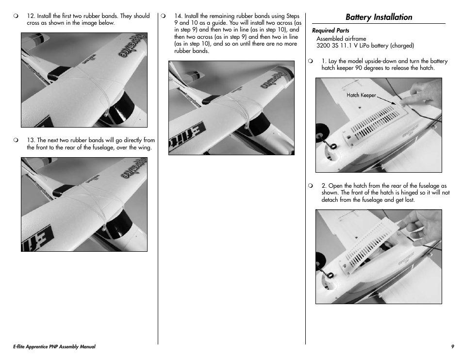 Battery installation | E-flite Apprentice 15e PNP User Manual | Page 9 / 28