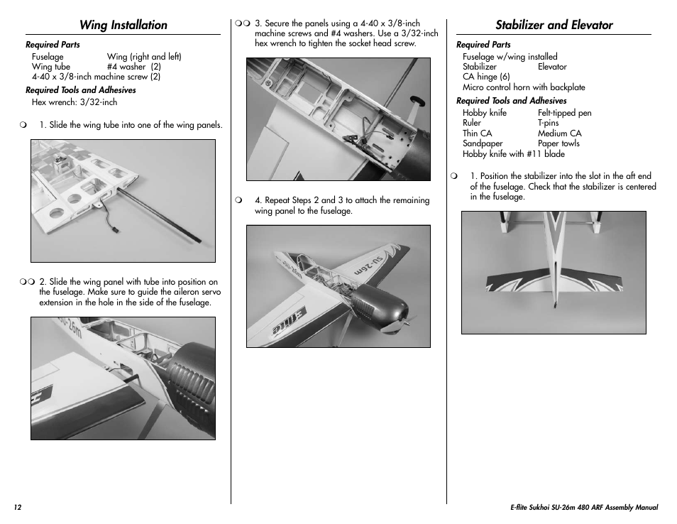 Wing installation, Stabilizer and elevator | E-flite Sukhoi SU-26m 480 ARF User Manual | Page 12 / 28