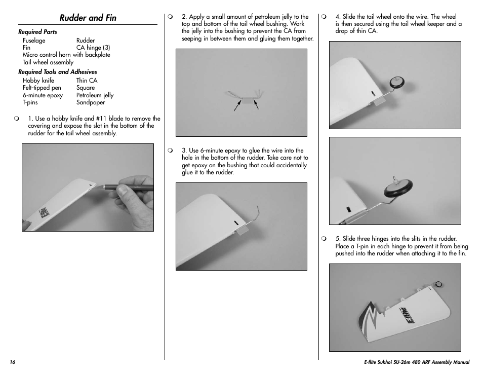 Rudder and fin | E-flite Sukhoi SU-26m 480 ARF User Manual | Page 16 / 28