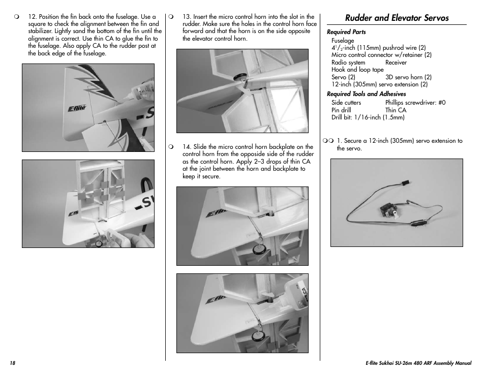 Rudder and elevator servos | E-flite Sukhoi SU-26m 480 ARF User Manual | Page 18 / 28