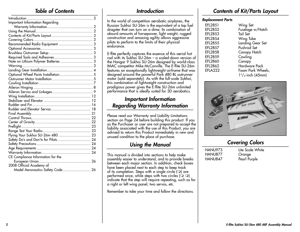 E-flite Sukhoi SU-26m 480 ARF User Manual | Page 2 / 28