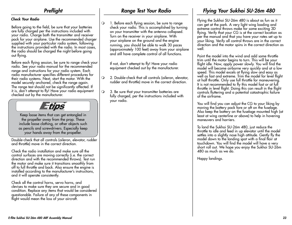 Preflight, Range test your radio, Flying your sukhoi su-26m 480 | E-flite Sukhoi SU-26m 480 ARF User Manual | Page 23 / 28